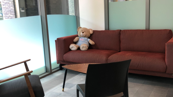 Vergaderzaal Aquarium heeft rond om rond ramen. In de hoek stat een bruine zetel met een beertje. Er staan ook twee stoelen