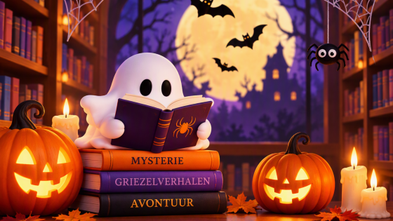 Foto van een spookje dat boeken leest