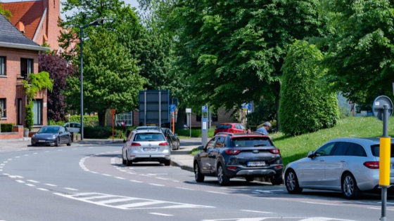 Verschillende wagens staan geparkeerd langs de kant van de weg. Er staat ook een parkeerautomaat waaraan je de parkeersessie kan betalen