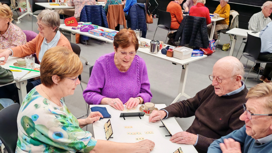 2 dames en 2 heren spelen rummicub 
