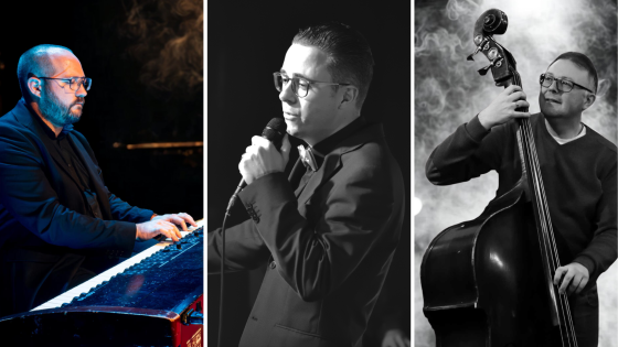 Collage van 3 foto's: een toetsenist achter de piano, de zanger zingt in de micro en een man die de contrabas bespeelt
