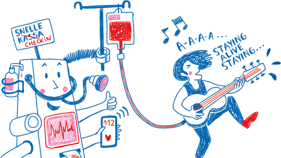 illustratie van een medische machine met verschillende diagrammen. Uit een baxter vloeit rode vloeistof naar de gitaar van een muzikant