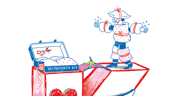 Illustratie van de grote letter K met daarop een rood hart, een pleister, een robot, een dokterstas