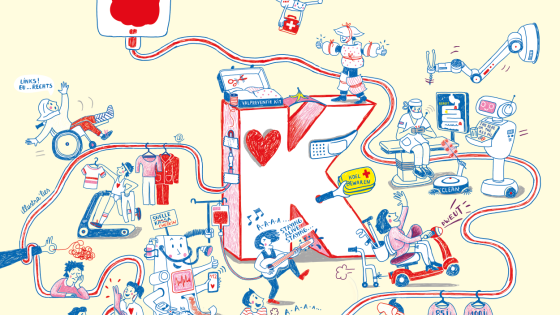 Illustratie van de grote K van Kortrijk met daarrond allerlei sc&egrave;nes die te maken hebben met innovatie in de gezondheidszorg