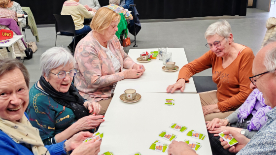 6 oudere mensen spelen een kaartspel aan tafel