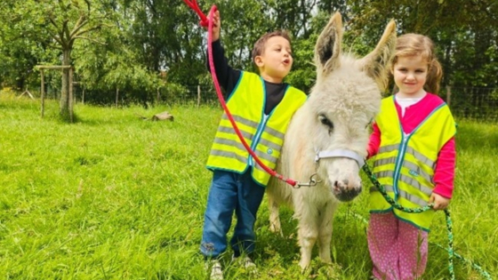  kleuters met een klein wit ezeltje