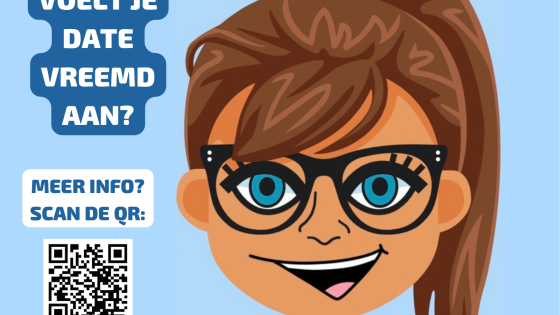 Poster met een cartoon figuurtje. Angela heeft lang bruin haar in een staartje en draagt een zwarte bril