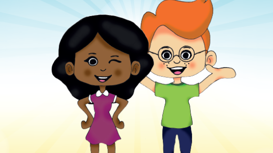 Poster Anti-pestproject Samen Sterk. Twee cartoonfiguren, een meisje en een jongen