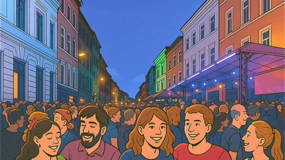 illustratie van een groep mensen in het straatje in kortrijk