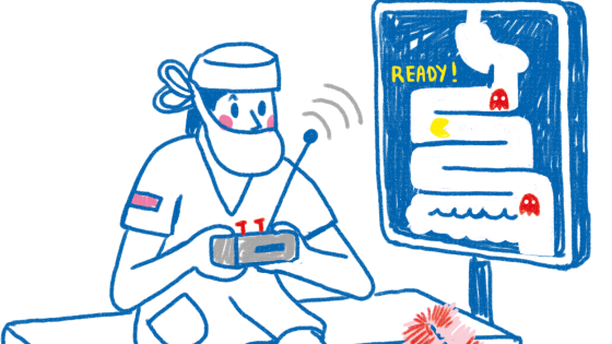 illustratie: een arts zit op de operatietafel en bedient een kuisrobot me een afstandsbediening