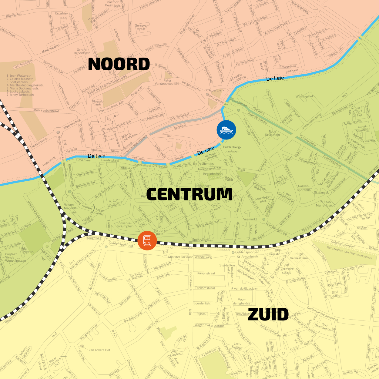 Kaart van Kortrijk met daarop drie zones: Noord in een oranje kleur, centrum in het groen en zuid met een gele kleur