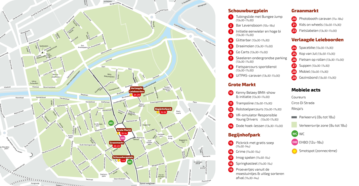Kaart met alle activiteiten tijdens Autovrije Zondag 2025 in Kortrijk