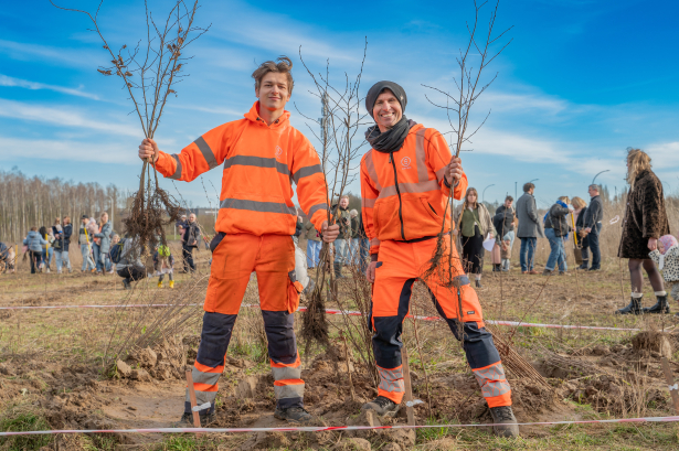 Collega's planten bomen voor het nieuwe geboortebos