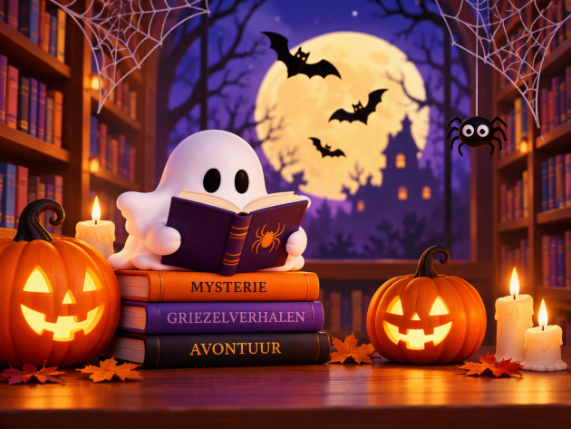 Foto van een spookje dat boeken leest