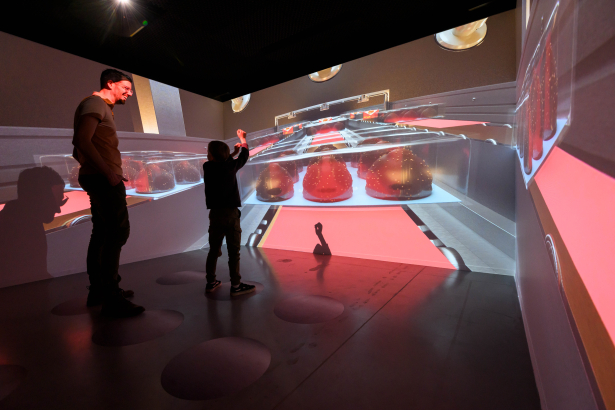 Een interactieve tentoonstellingsruimte waarin een volwassen man en een kind staan. Het kind wijst naar een grote projectie op de muren en vloer, die beelden toont van vergrote chocoladebonbons. De ruimte heeft een immersieve, futuristische uitstraling met rode en gouden tinten.