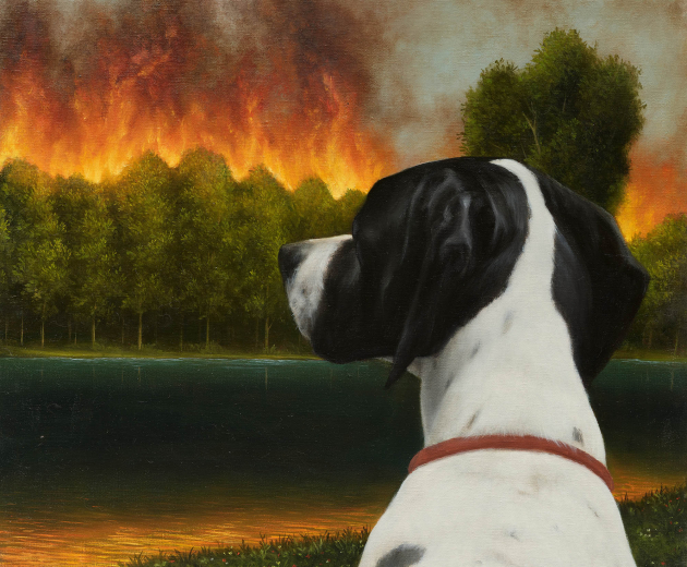 Campagnebeeld After Nature: geschilderde hond die naar brandend bos kijkt