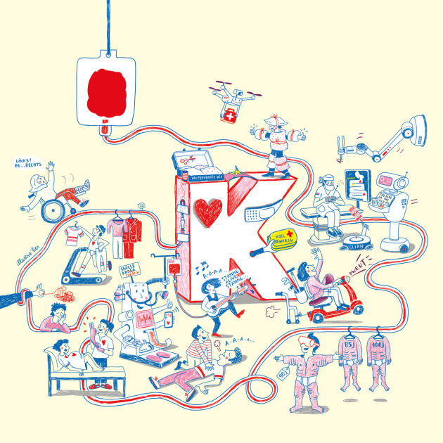 Illustratie van de grote K van Kortrijk met daarrond allerlei sc&egrave;nes die te maken hebben met innovatie in de gezondheidszorg