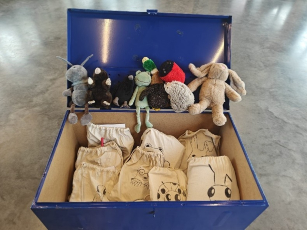 blauwe spelkoffer met verschillende zakjes en knuffelberen