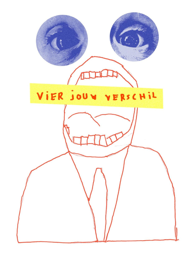 Illustratie van een menselijke figuur (bovenlichaam en hoofd) in rode lijnen. Op de plaats van het gezicht staat een grote opengesperde mond, boven het hoofd zweven twee cirkels met paarse ogen. Tekst op banner: "Vier jouw verschil"