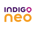 Woordlogo: het woord Indigo staat in het paars boven het oranje woor Neo. De 'o' van Indigo heeft de vorm van een locatie-icoon